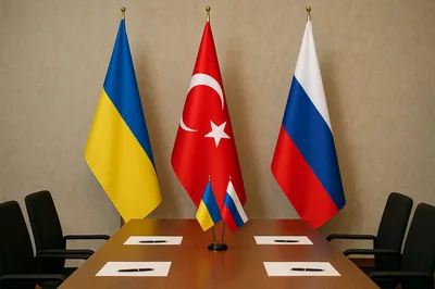 Diplomatic Meeting Table With Ukrainian Turkish And Russian Flags