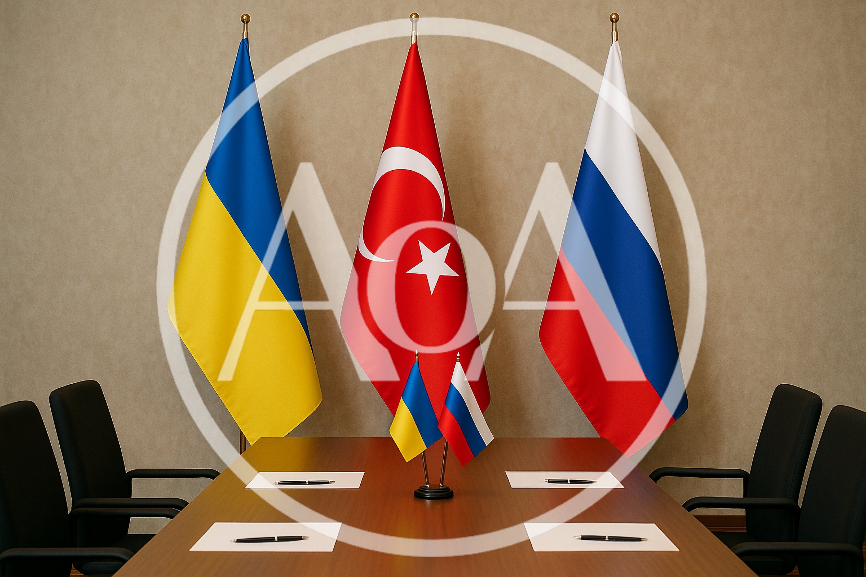 Diplomatic Meeting Table With Ukrainian Turkish And Russian Flags