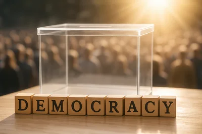 Wooden Blocks Spelling Democracy Before A Clear Ballot Box