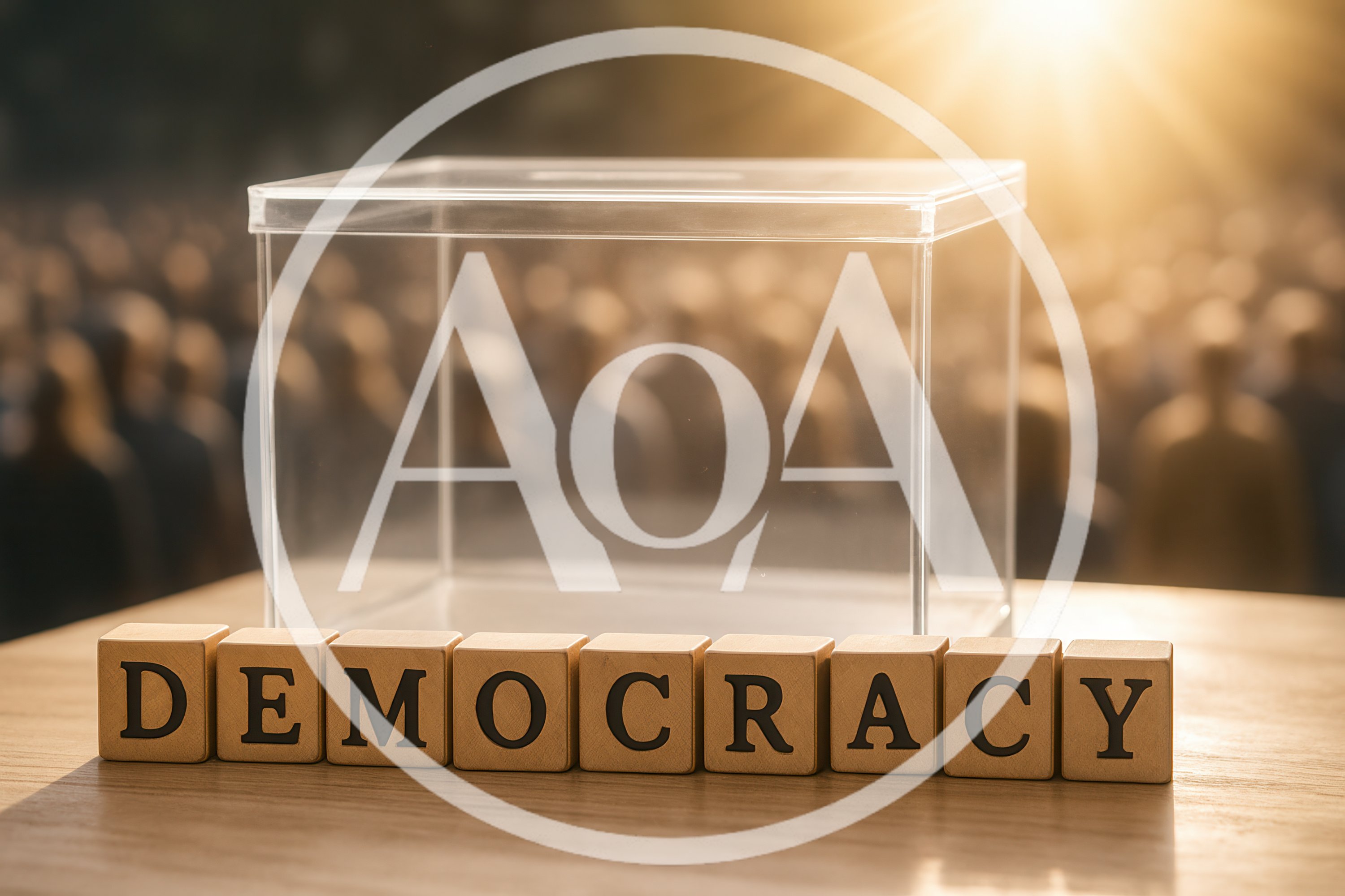 Wooden Blocks Spelling Democracy Before A Clear Ballot Box