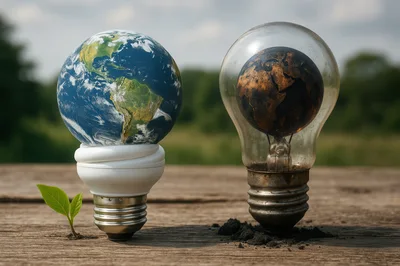 Conceptual Earth Globes Inside Light Bulbs on Wood