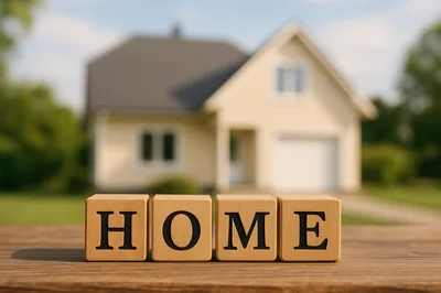 Wooden Blocks Spelling Home In Front Of Blurred House