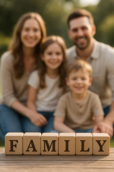 Family Portrait With Wooden Blocks Spelling Family