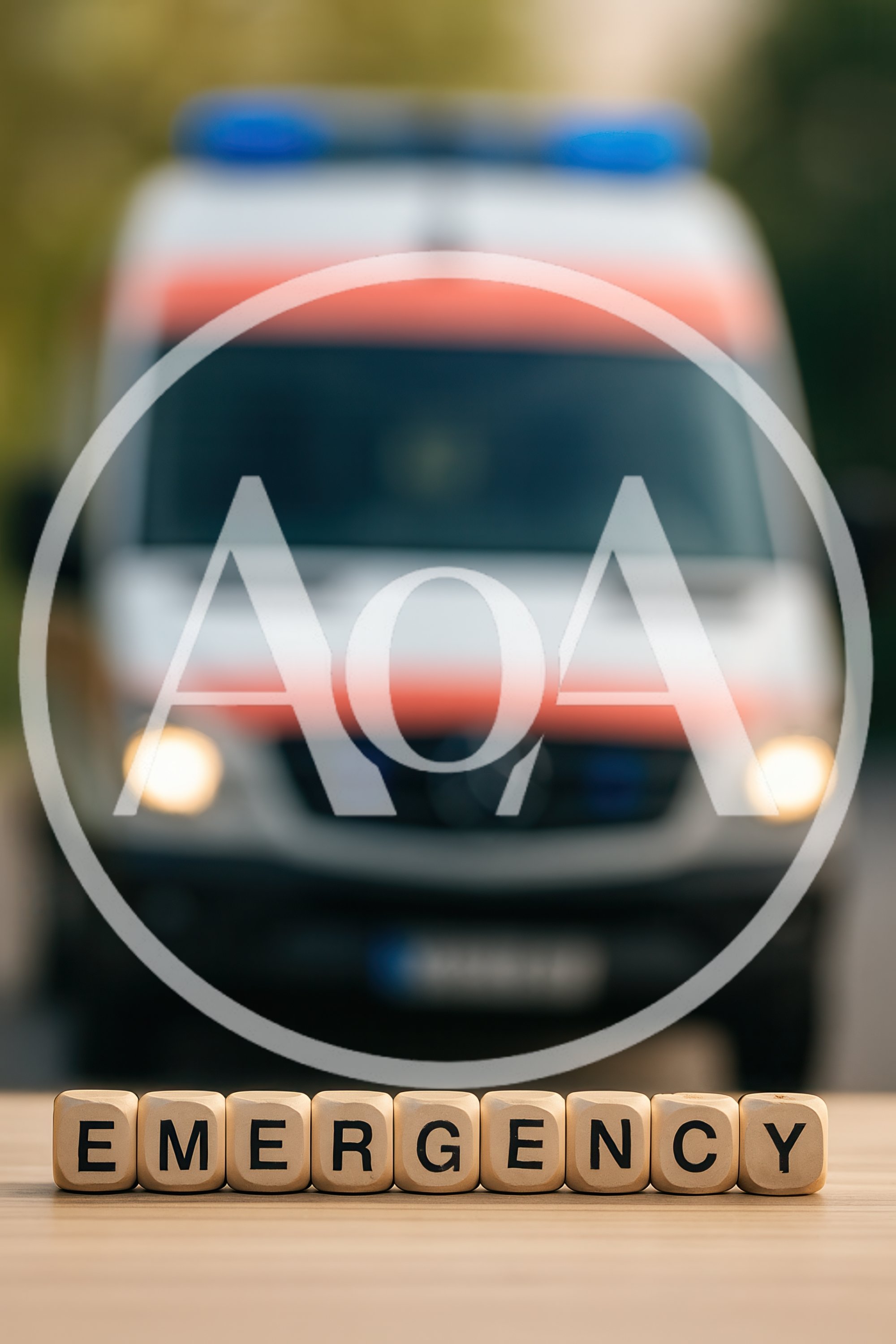 Wooden Blocks Spelling Emergency With Blurred Ambulance Background