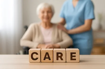 Wooden Blocks Spelling Care With Senior And Caregiver