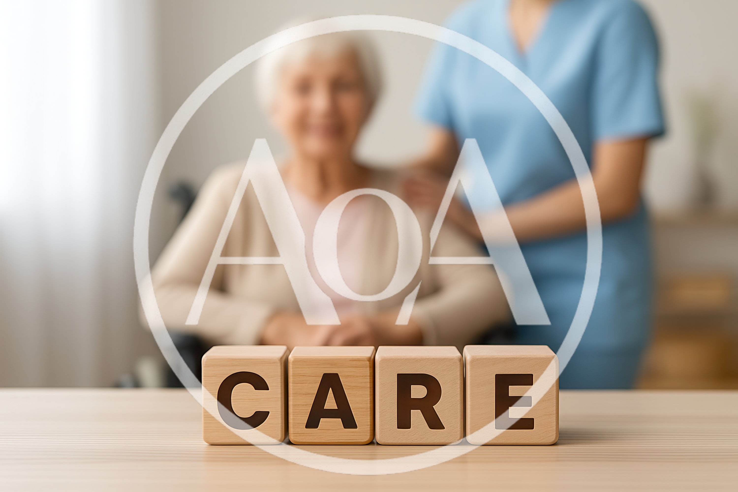 Wooden Blocks Spelling Care With Senior And Caregiver