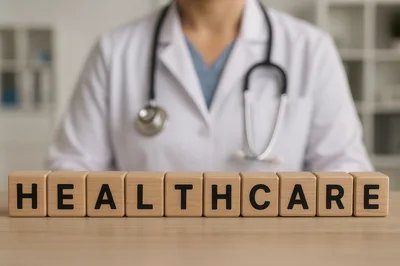 Doctor Sitting Behind Healthcare Wooden Blocks
