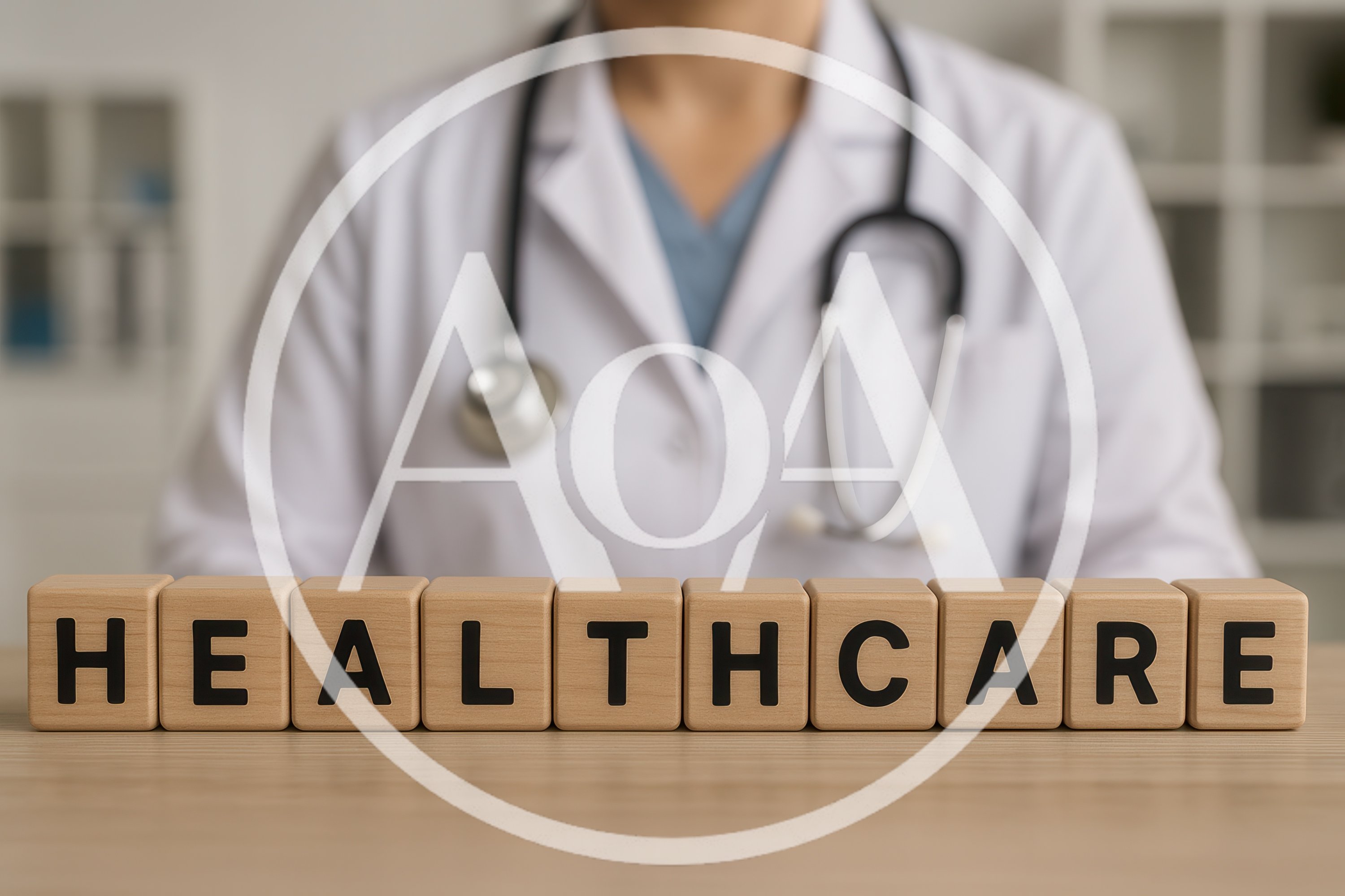 Doctor Sitting Behind Healthcare Wooden Blocks