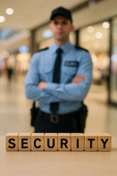 Security Guard Standing Behind Wooden Blocks Spelling Security