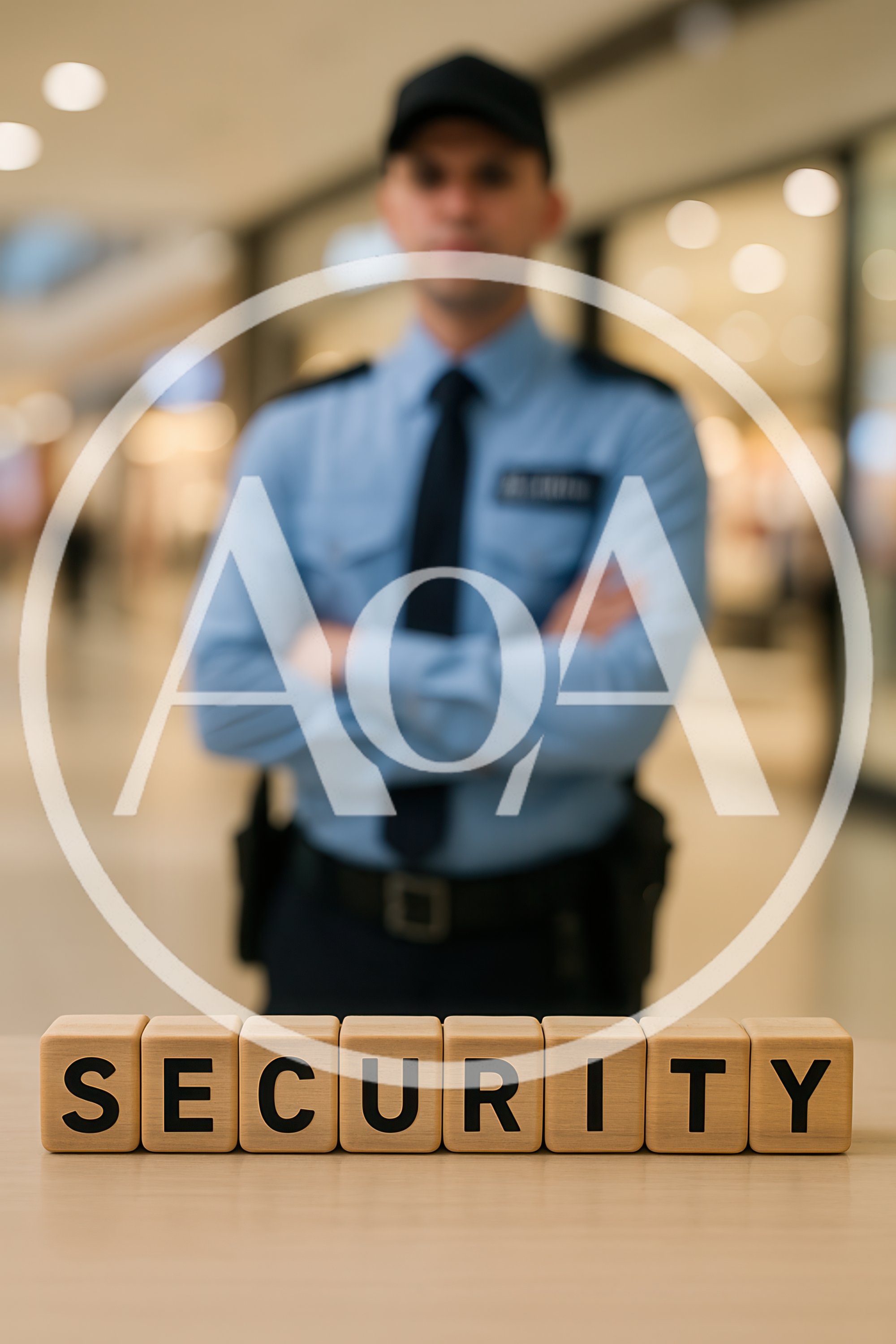 Security Guard Standing Behind Wooden Blocks Spelling Security