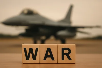 Wooden Blocks Spelling War With Fighter Jet Background