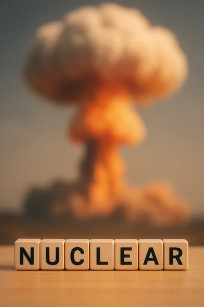 Wooden Blocks Spelling Nuclear Before A Mushroom Cloud