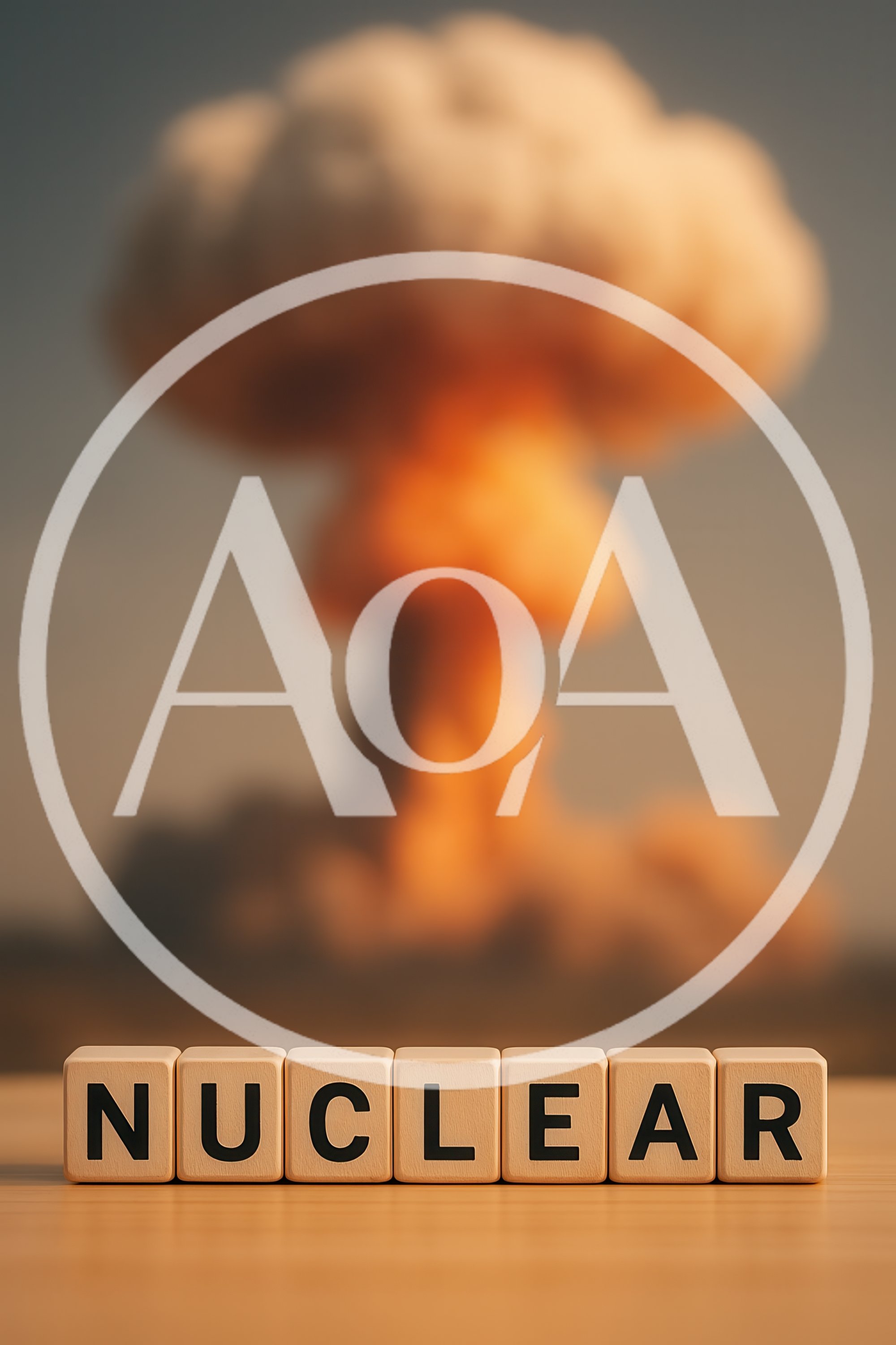 Wooden Blocks Spelling Nuclear Before A Mushroom Cloud