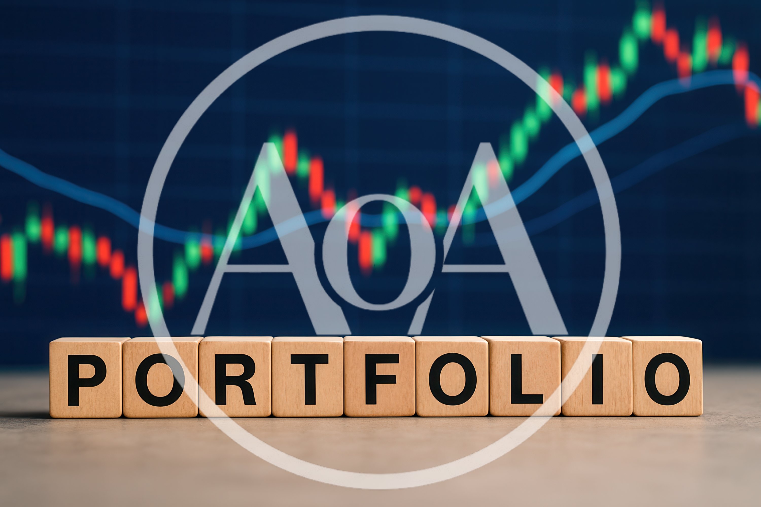 Wooden Blocks Spelling Portfolio Against Financial Stock Market Chart