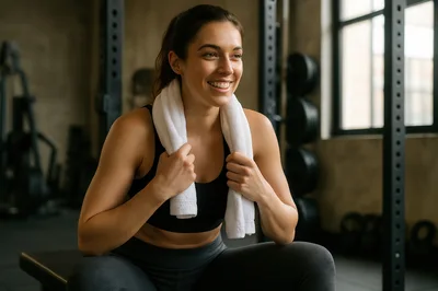 Smiling Woman Resting With Towel In Gym