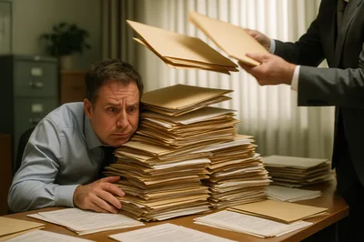 Overwhelmed Office Worker Buried Under Piles Of Paperwork