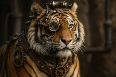 Steampunk Tiger Portrait With Mechanical Gear Accessories