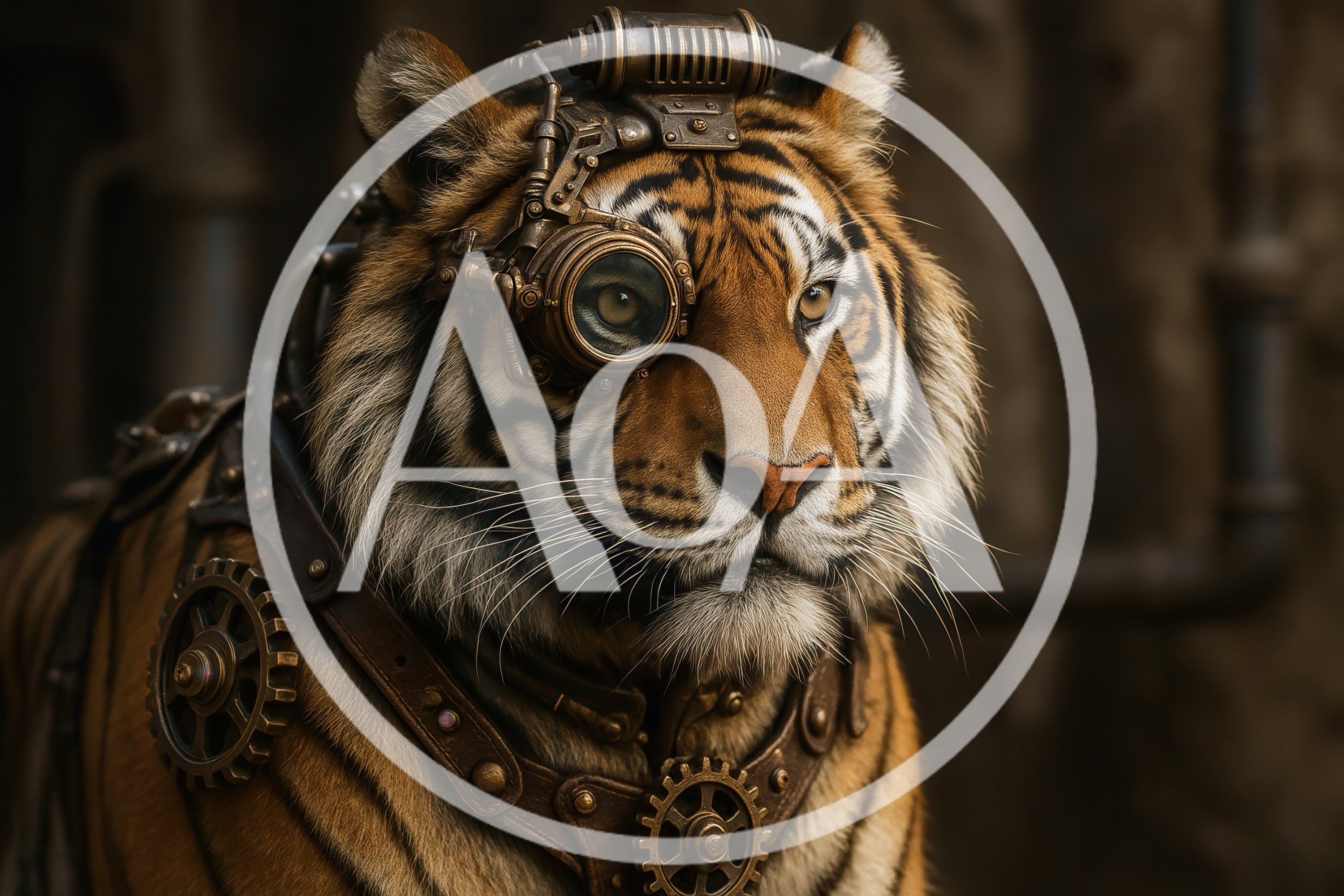 Steampunk Tiger Portrait With Mechanical Gear Accessories