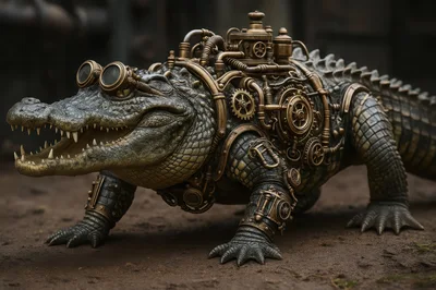 Steampunk Crocodile With Mechanical Gears And Goggles