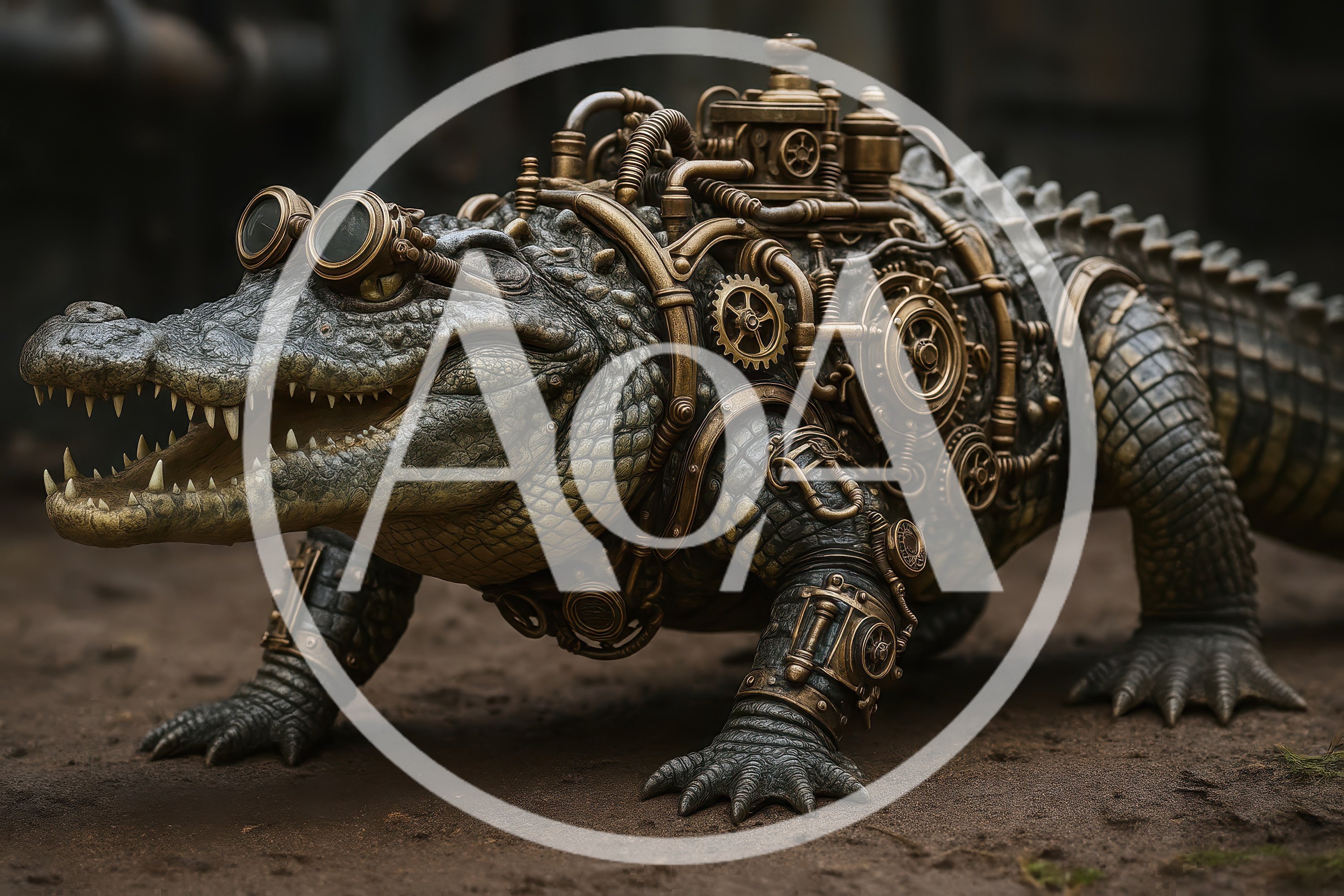 Steampunk Crocodile With Mechanical Gears And Goggles