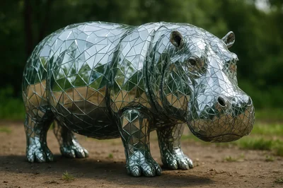 Mirrored Mosaic Hippo Sculpture Standing Outdoors