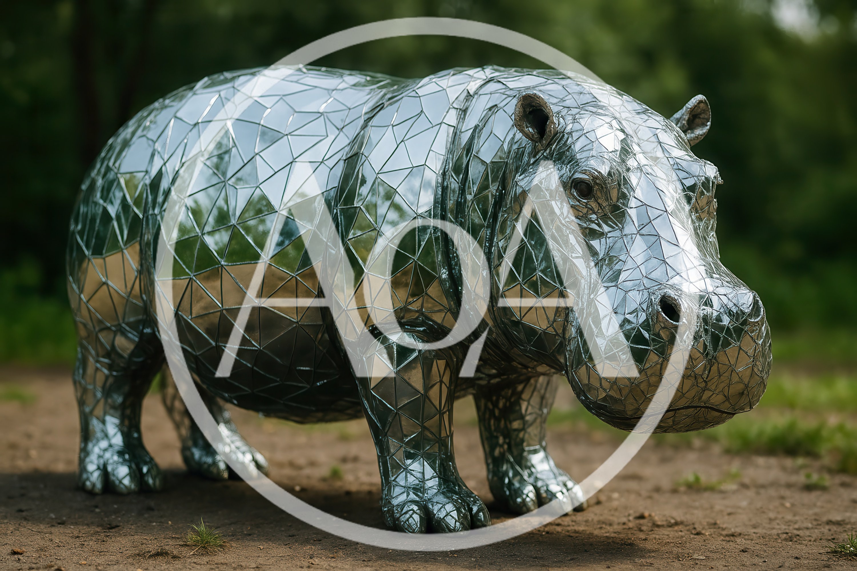 Mirrored Mosaic Hippo Sculpture Standing Outdoors