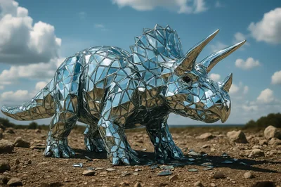 Mirrored Triceratops Sculpture Standing In A Desert Landscape