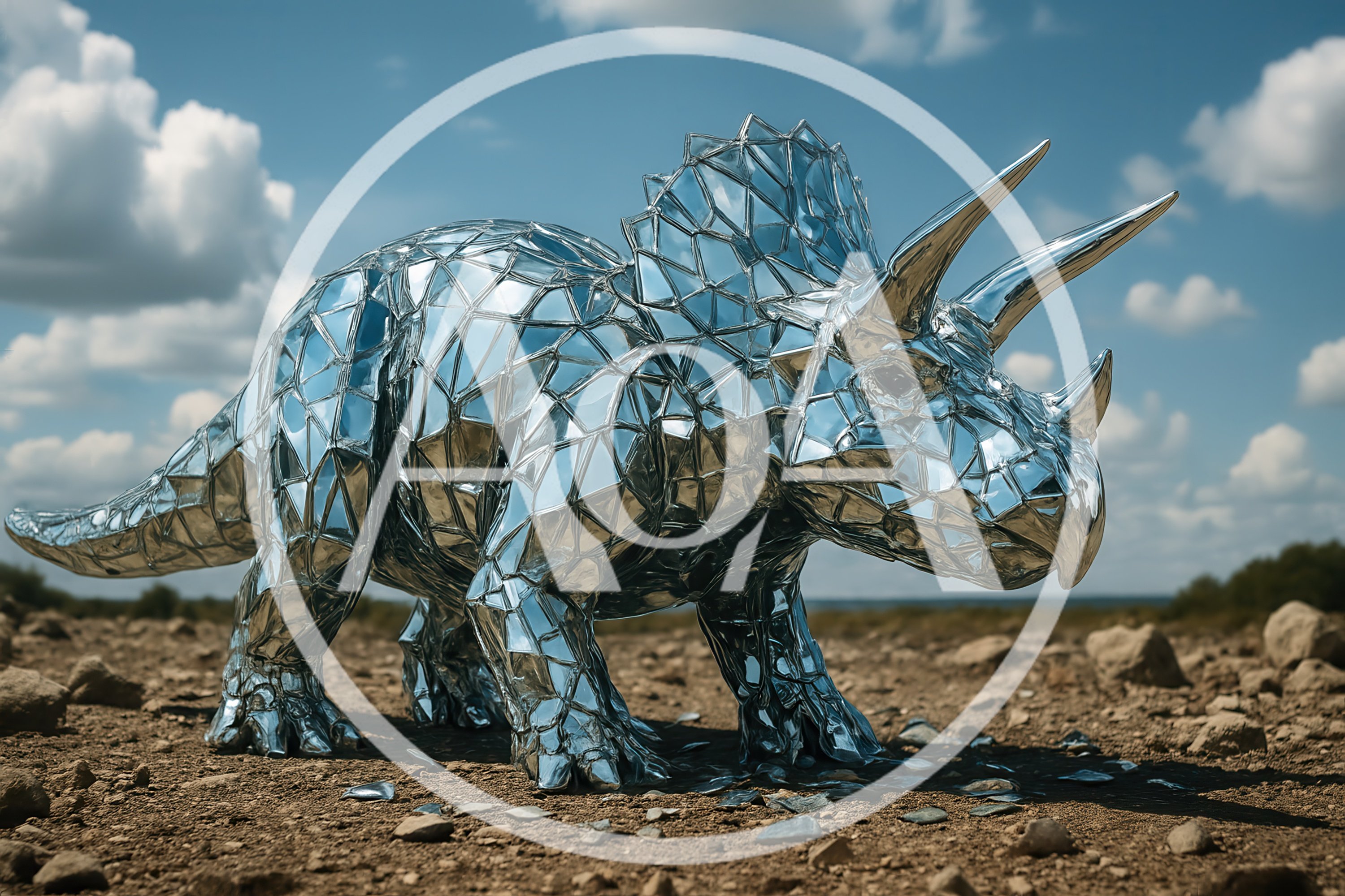 Mirrored Triceratops Sculpture Standing In A Desert Landscape