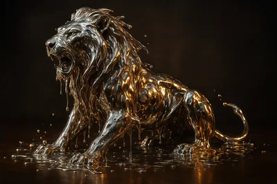 Liquid Metal Lion Sculpture Roaring