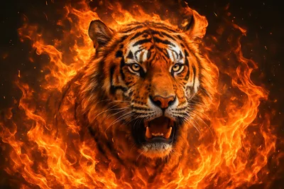 Fierce Tiger Head Surrounded By Intense Flames