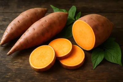 Fresh Sweet Potatoes With Slices On Wooden Table