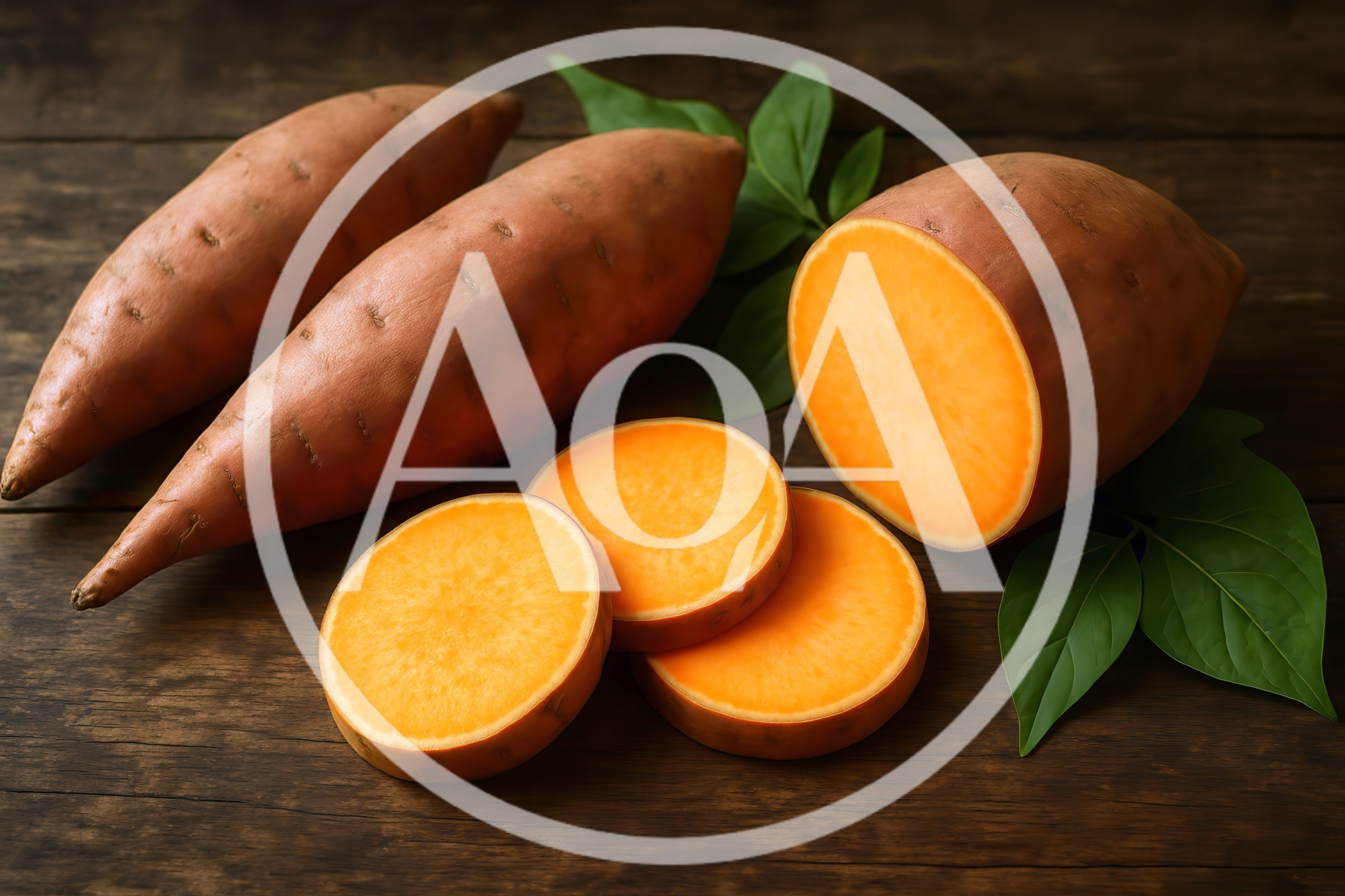 Fresh Sweet Potatoes With Slices On Wooden Table