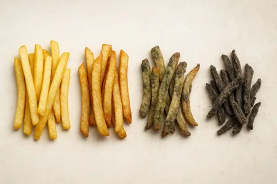 Four Piles Of French Fries With Varying Degrees Of Doneness