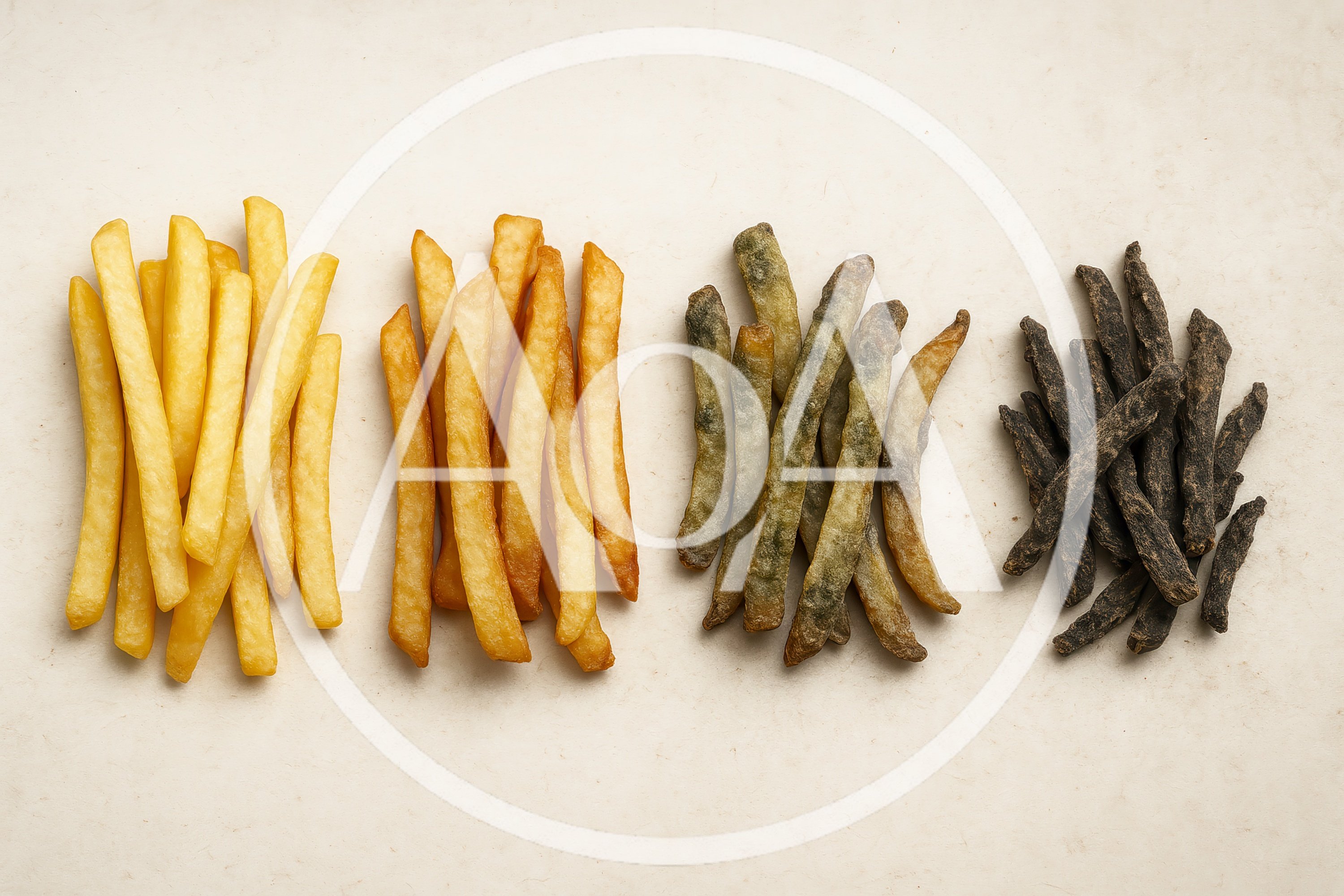 Four Piles Of French Fries With Varying Degrees Of Doneness