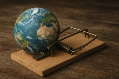 Globe Resting On A Wooden Mousetrap