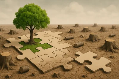 Single Tree Growing On Puzzle Pieces Amidst Deforestation