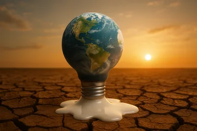 Melting Earth Lightbulb Concept on Cracked Dry Earth