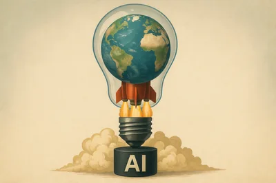 Conceptual AI Rocket Launching Earth Inside Lightbulb