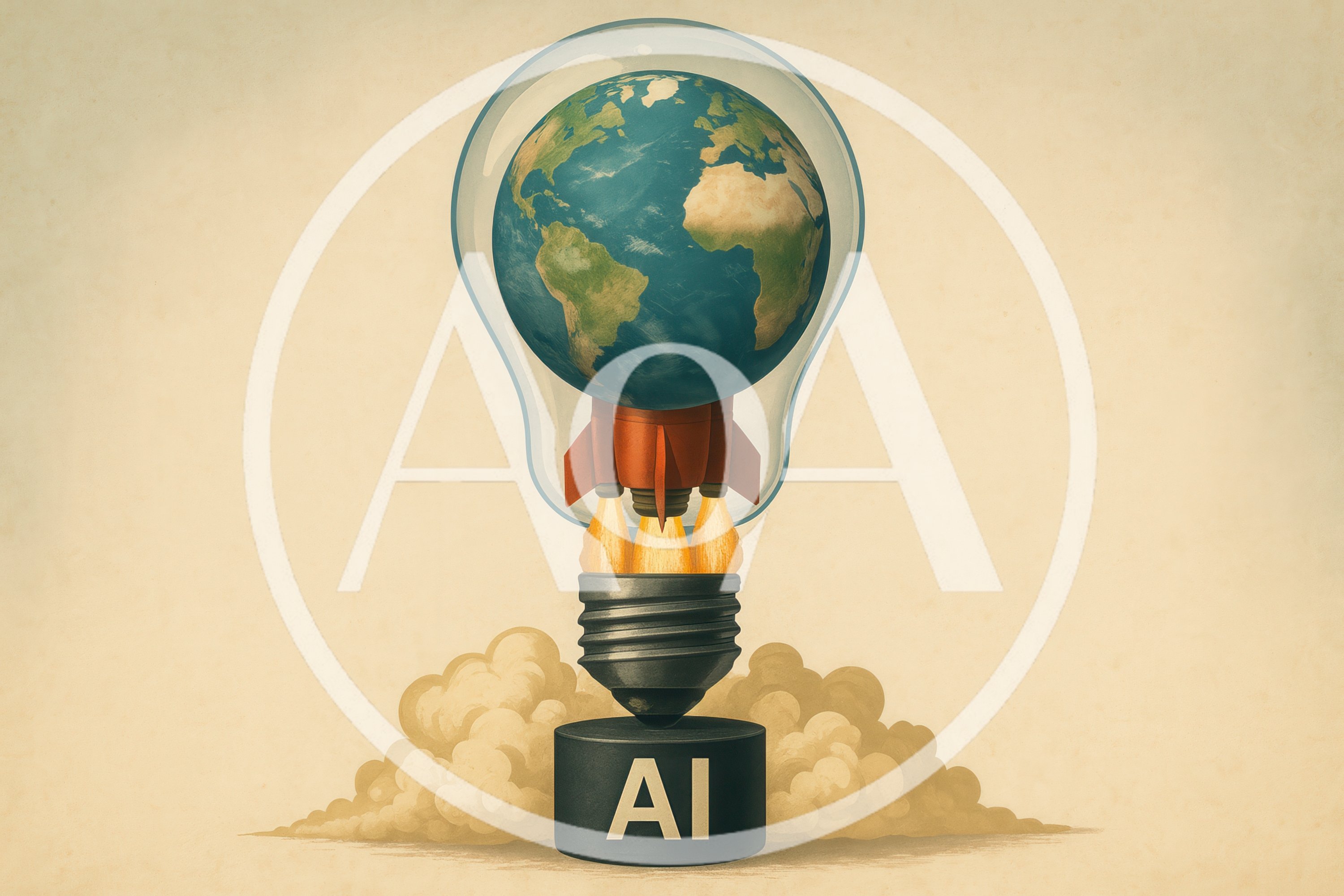 Conceptual AI Rocket Launching Earth Inside Lightbulb