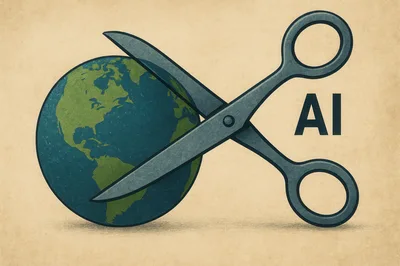 Scissors Cutting A Globe With AI Text Overlay