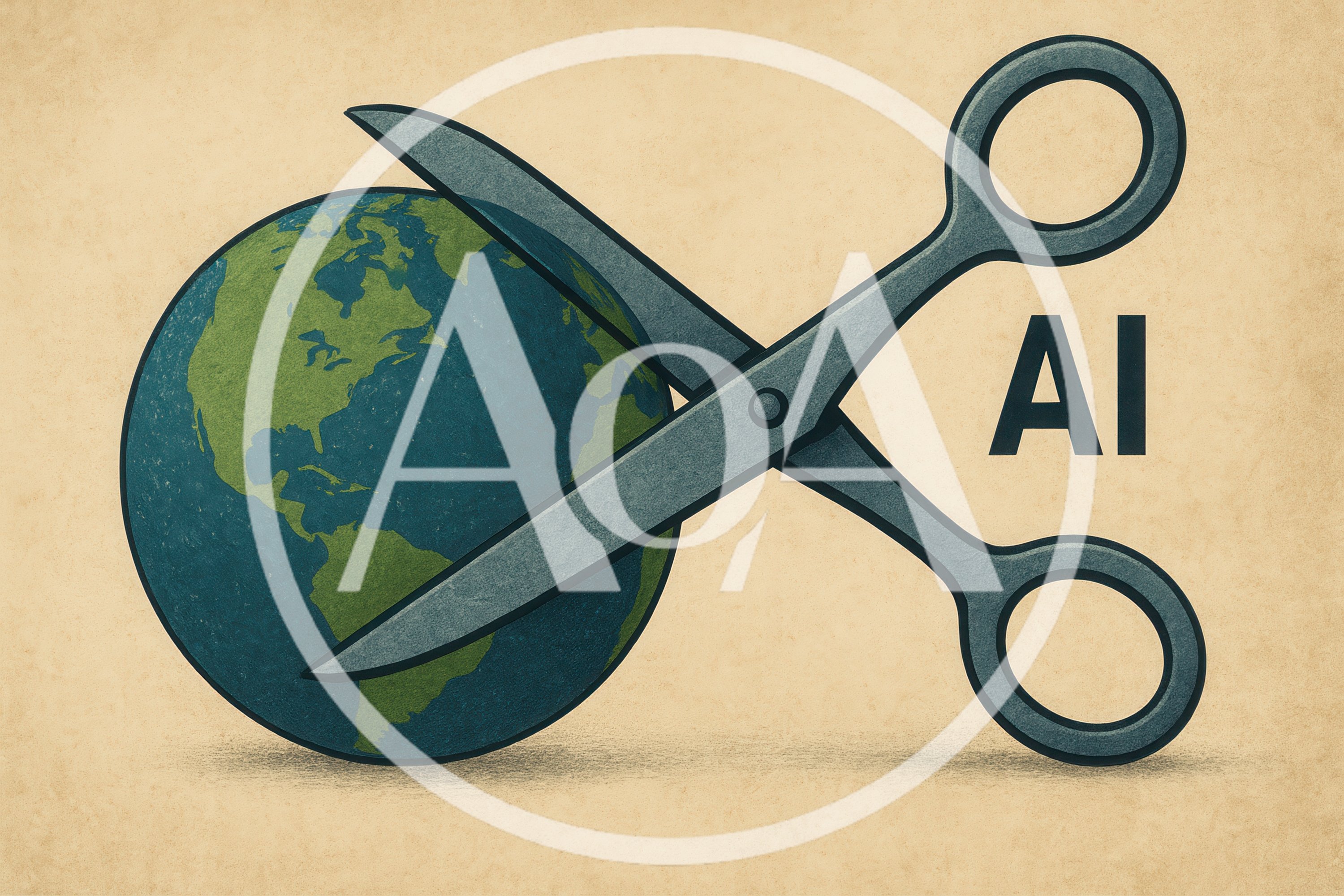 Scissors Cutting A Globe With AI Text Overlay