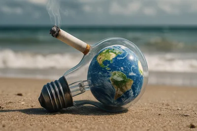 Earth Globe Inside Light Bulb With Burning Cigarette