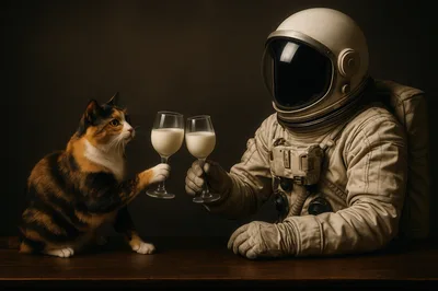 Astronaut And Calico Cat Toasting With Milk Glasses