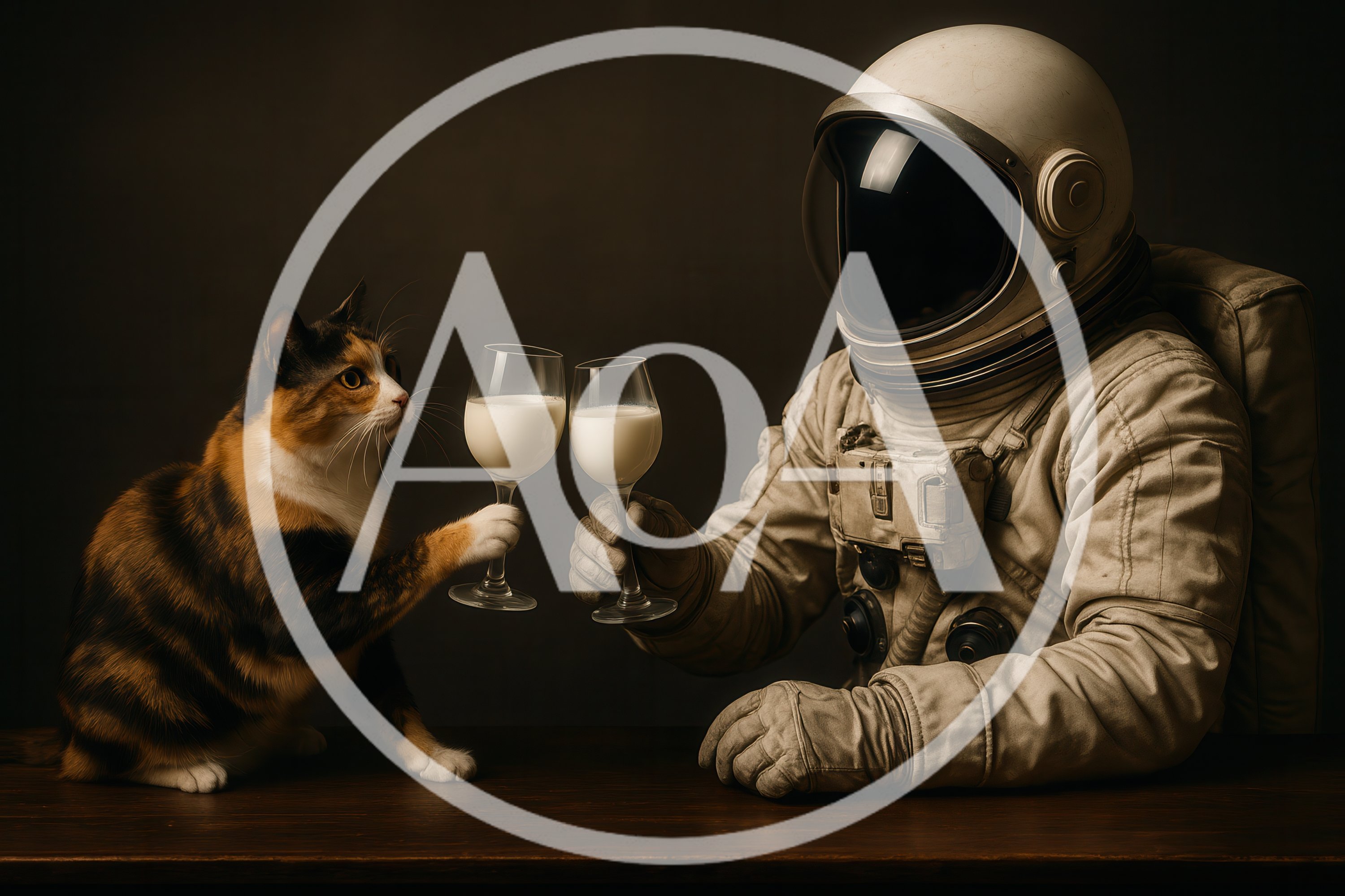 Astronaut And Calico Cat Toasting With Milk Glasses