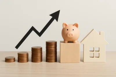 Piggy Bank And Coins With Rising Growth Arrow