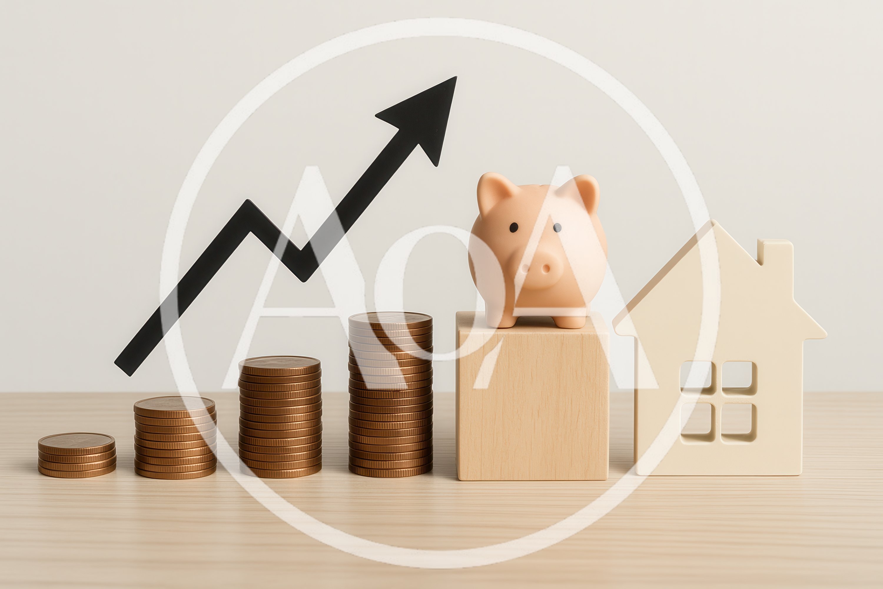Piggy Bank And Coins With Rising Growth Arrow