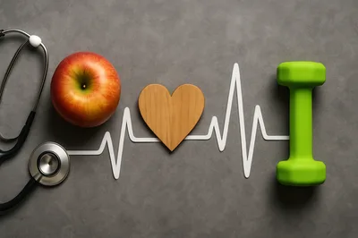 Healthy Lifestyle Concept With Stethoscope Apple And Dumbbell