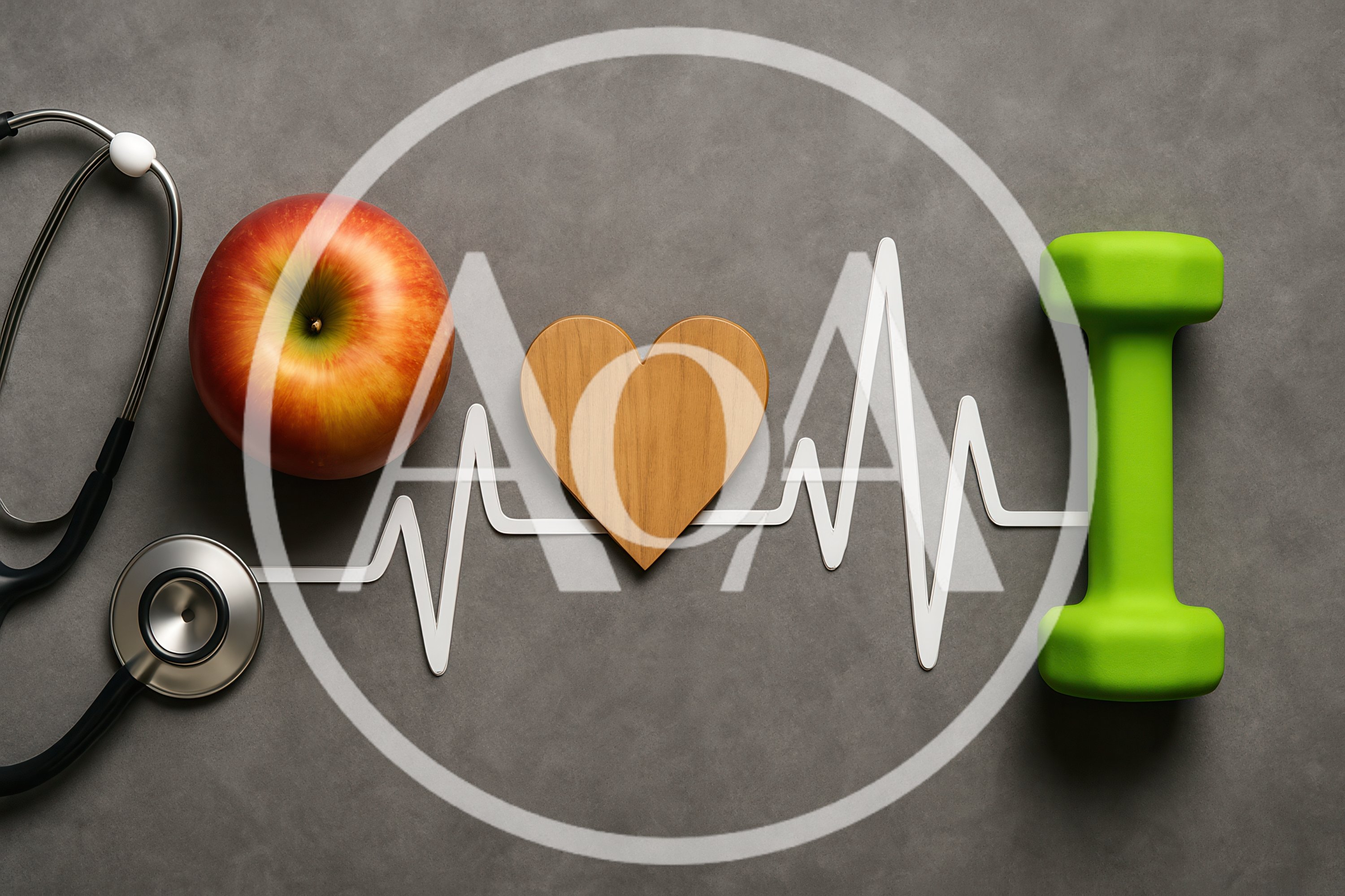 Healthy Lifestyle Concept With Stethoscope Apple And Dumbbell