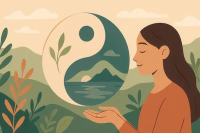 Woman Holding Yin Yang Symbol In Nature