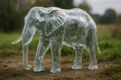 Transparent Glass Elephant Sculpture In A Natural Landscape
